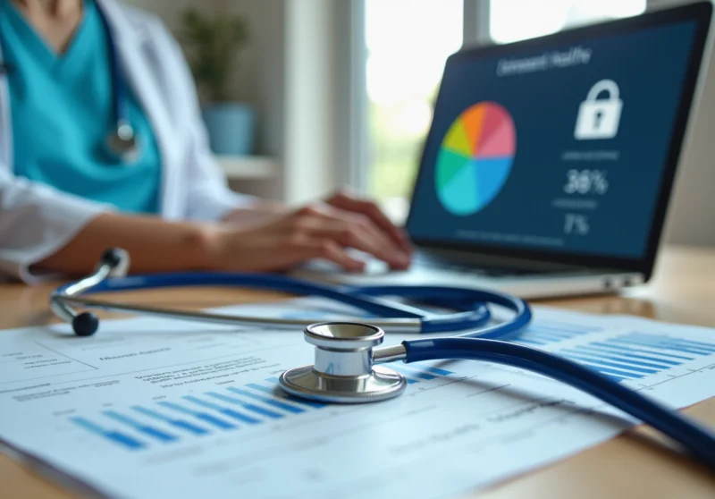 Healthcare professional using HCC coding software on a laptop with stethoscope and medical charts on desk
